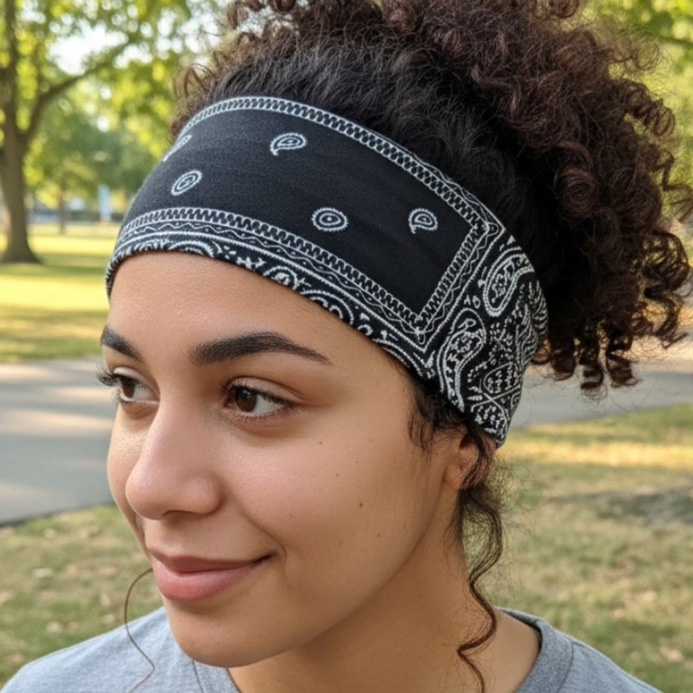 🆕 Black Paisley/Bandana Design Stretchy Headband NIP